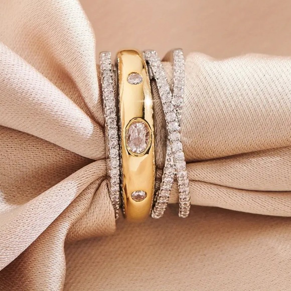 Mixed Metal Gold Silver & Diamond Stacked Ring - Picture 3 of 8